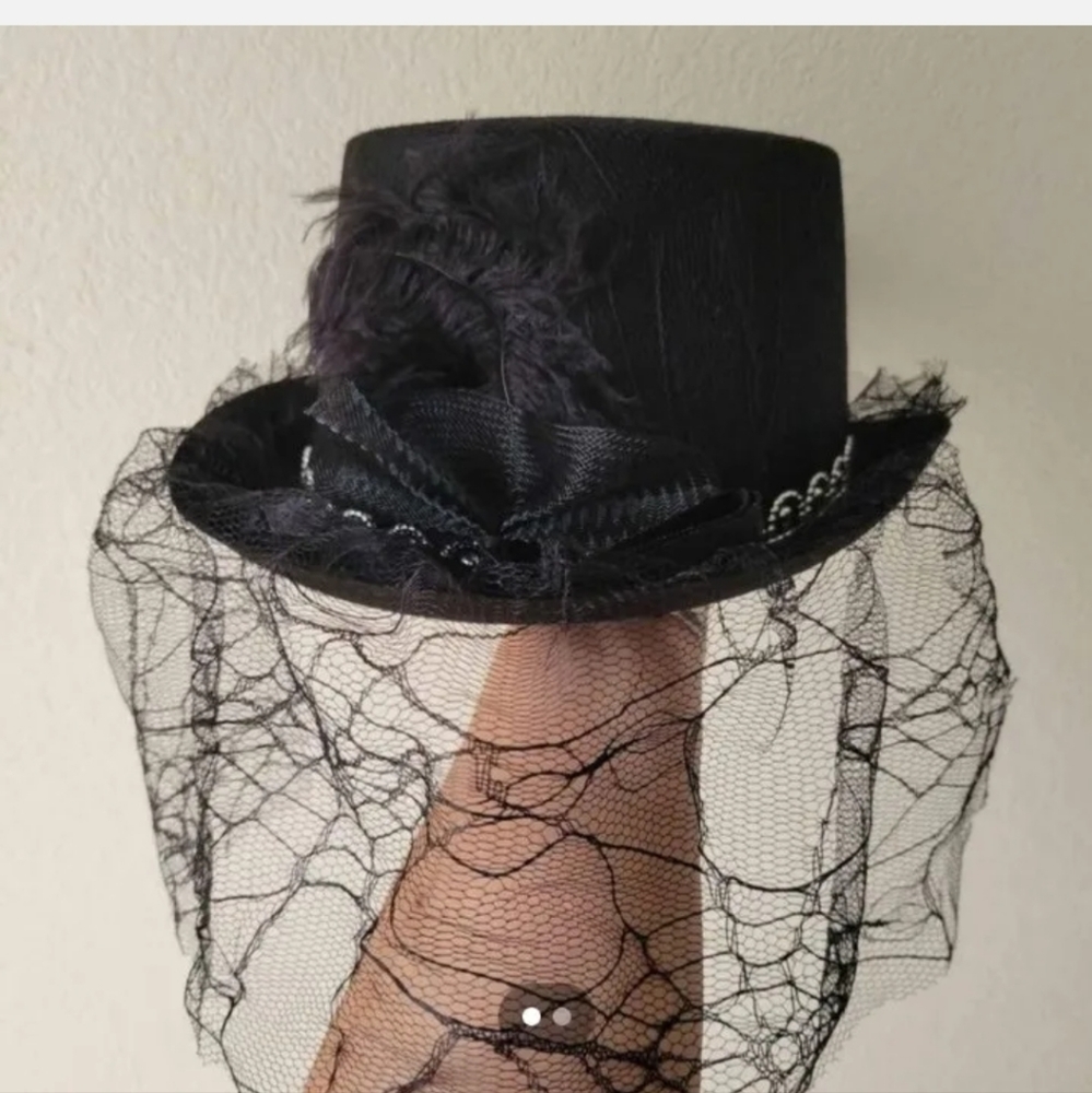 Adult Witch Hat or Witch Doctor Top Hat w/ Spiderweb Lace Veil & Feathers